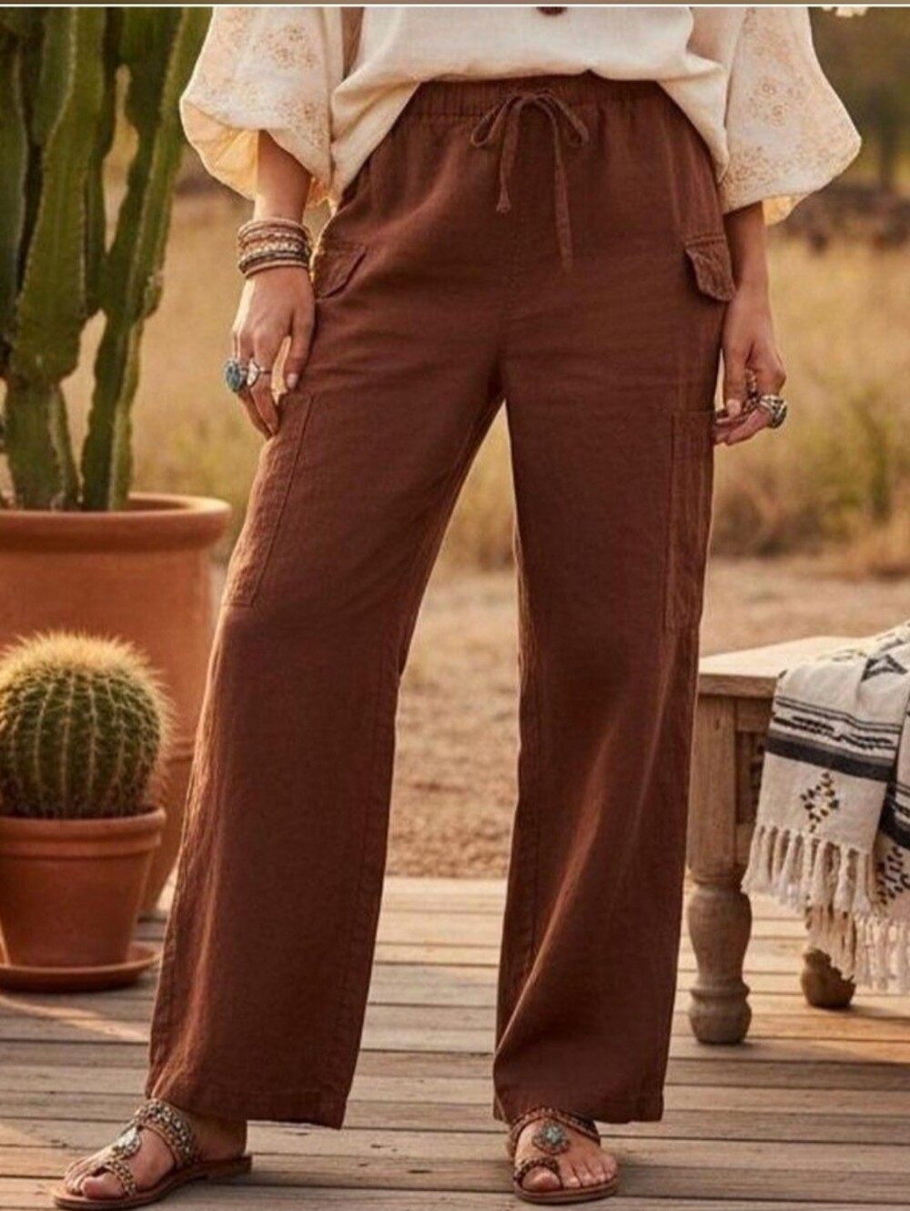 Magaschoni Brown Wide-Leg Drawstring Cargo Pants